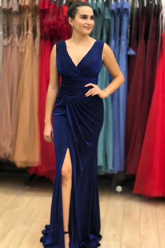 Vintage Blue V-Neck Long Mermaid Prom Dress With Split cc886