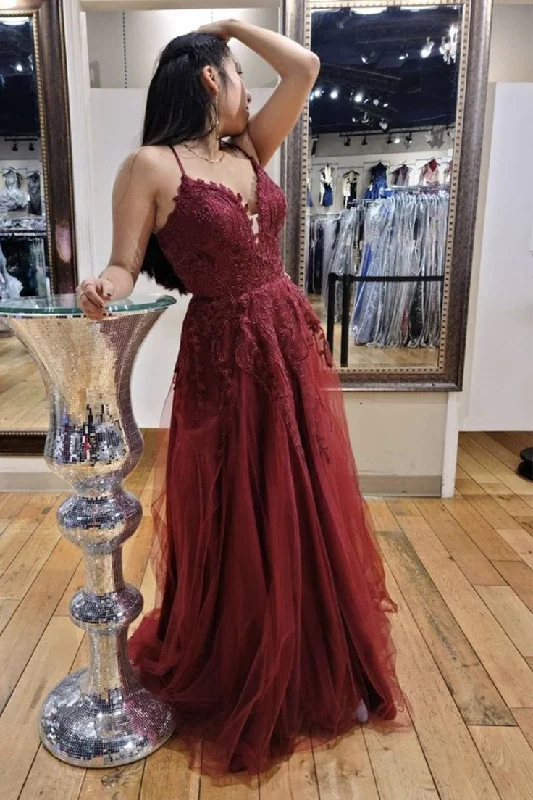 Wine Red Lace Plunge V Lace-Up A-Line Prom Dress cc534