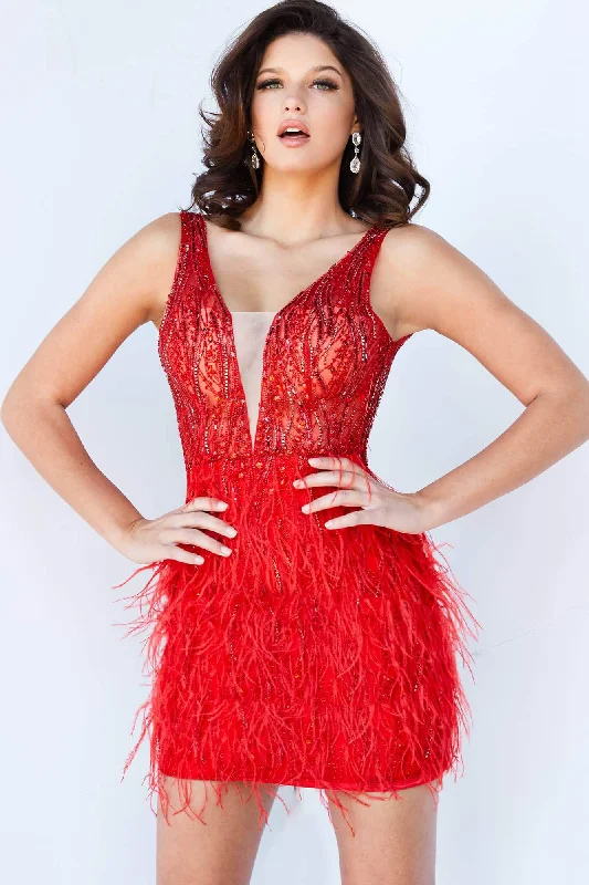 Jovani - 04619 Beaded V-Neck Feather-Fringed Short Prom Dress