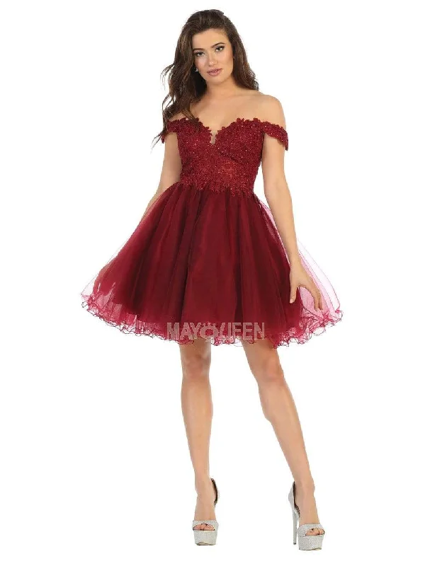 May Queen - MQ1663 Off Shoulder Sheer Lace Bodice Tulle Cocktail Dress