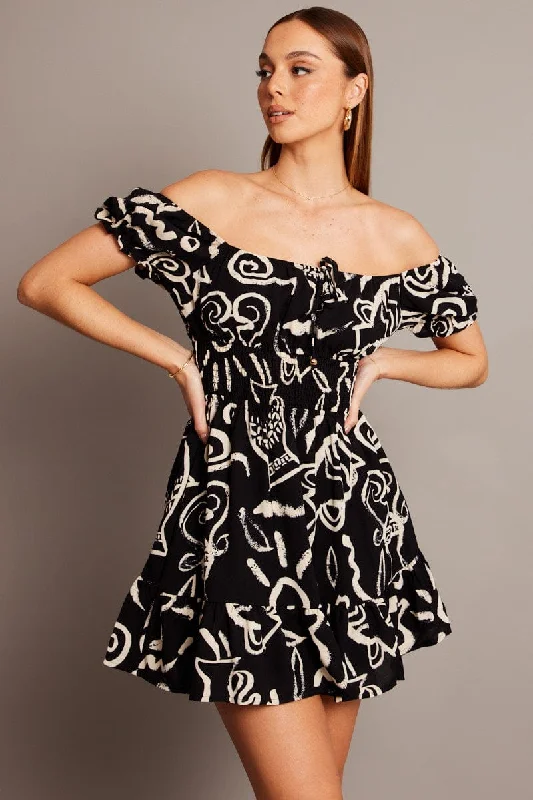 Black Abstract Fit And Flare Dress Mini