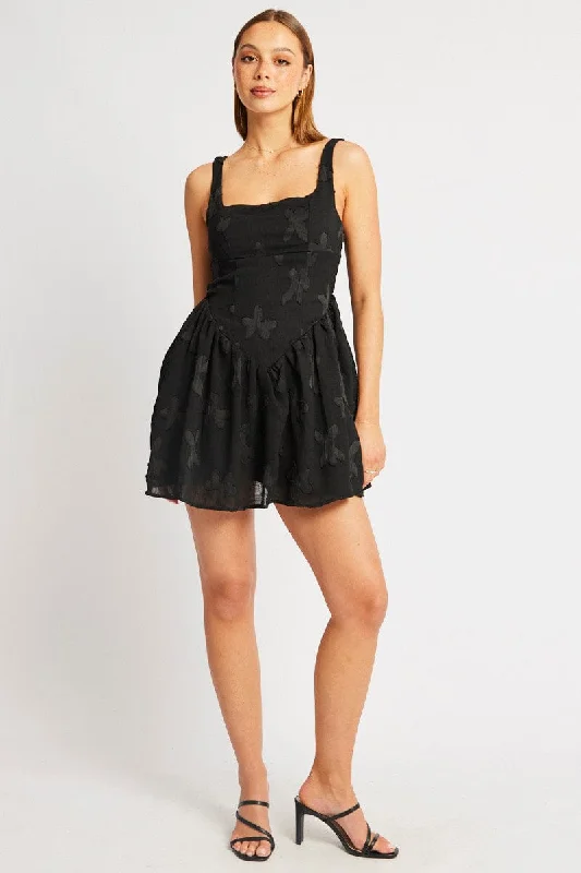 Black Fit And Flare Dress Mini Burn Out