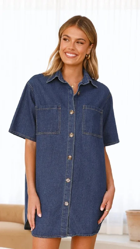 Chaney Button Up Mini Dress - Dark Denim