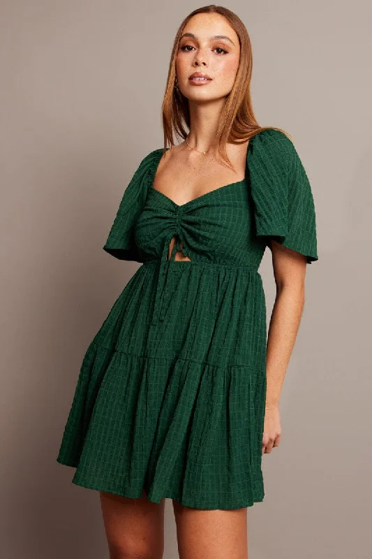 Green Fit And Flare Dress Short Sleeve Mini