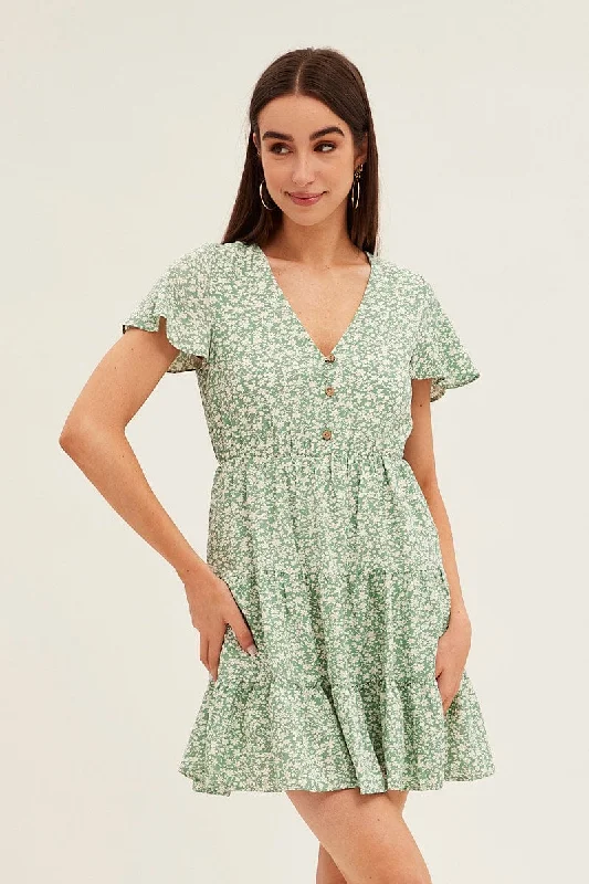 Green Floral Button Front Short Sleeve Mini Skater Dress