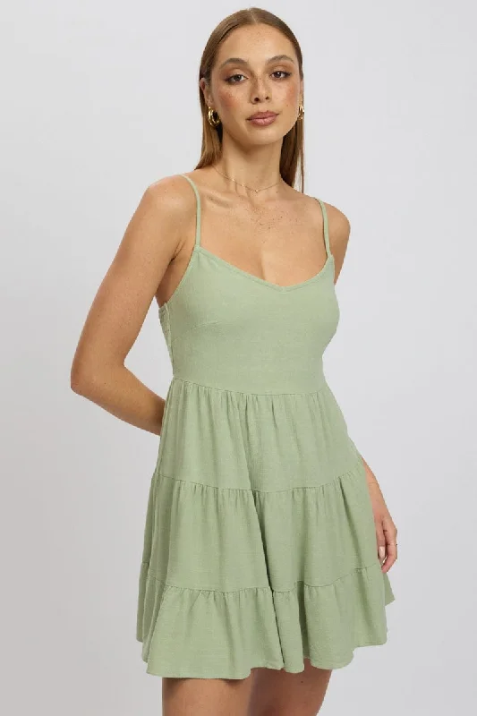 Green Mini Dress Tiered Strappy