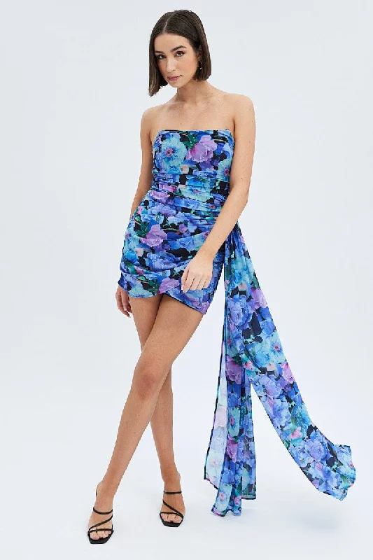 Multi Floral Sash Dress Bandeau Chiffon Draped Mini Dress