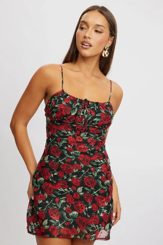 Red Floral Mini Dress Bias